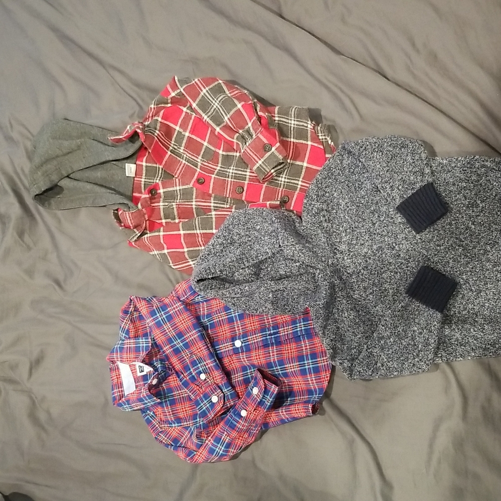 3 Pieces: 2 Toddler Button Downs and 1 Sweater Hoodie, 12-24 months